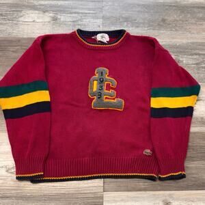 Vintage 90s Chemise Lacoste Red Boy M Chenile Patch Crewneck Cotton Knit Sweater